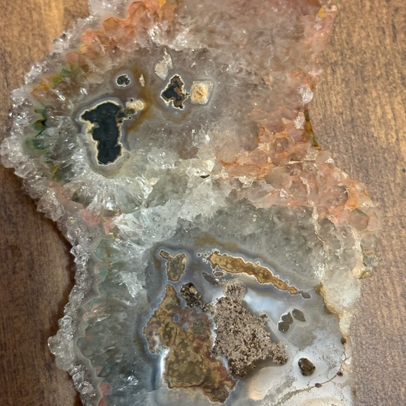 Large Crystal Cluster of Pink Chalcedony and Smoky Quartz Geode Slab - Picture 7 of 7